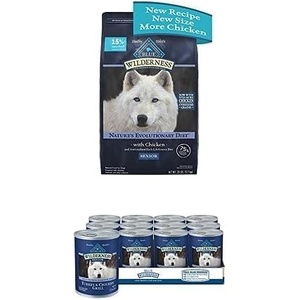 Bundle of Blue Buffalo Wilderness High Protein Natural Senior Dry Dog Food Plus Wholesome Grains, Chicken 28 lb Bag + Wet Dog Food, Turkey & Chicken Grill 12.5-oz cans (Pack of 12)